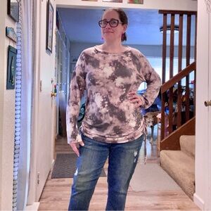 Super soft tie dyed print oversized tunic top with ruched tie detail